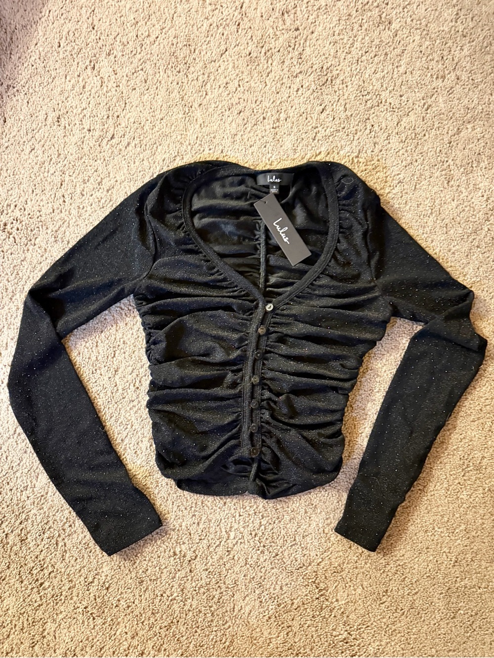 Lulu's Black Sparkle Ruched V-Neck Long Sleeve Top